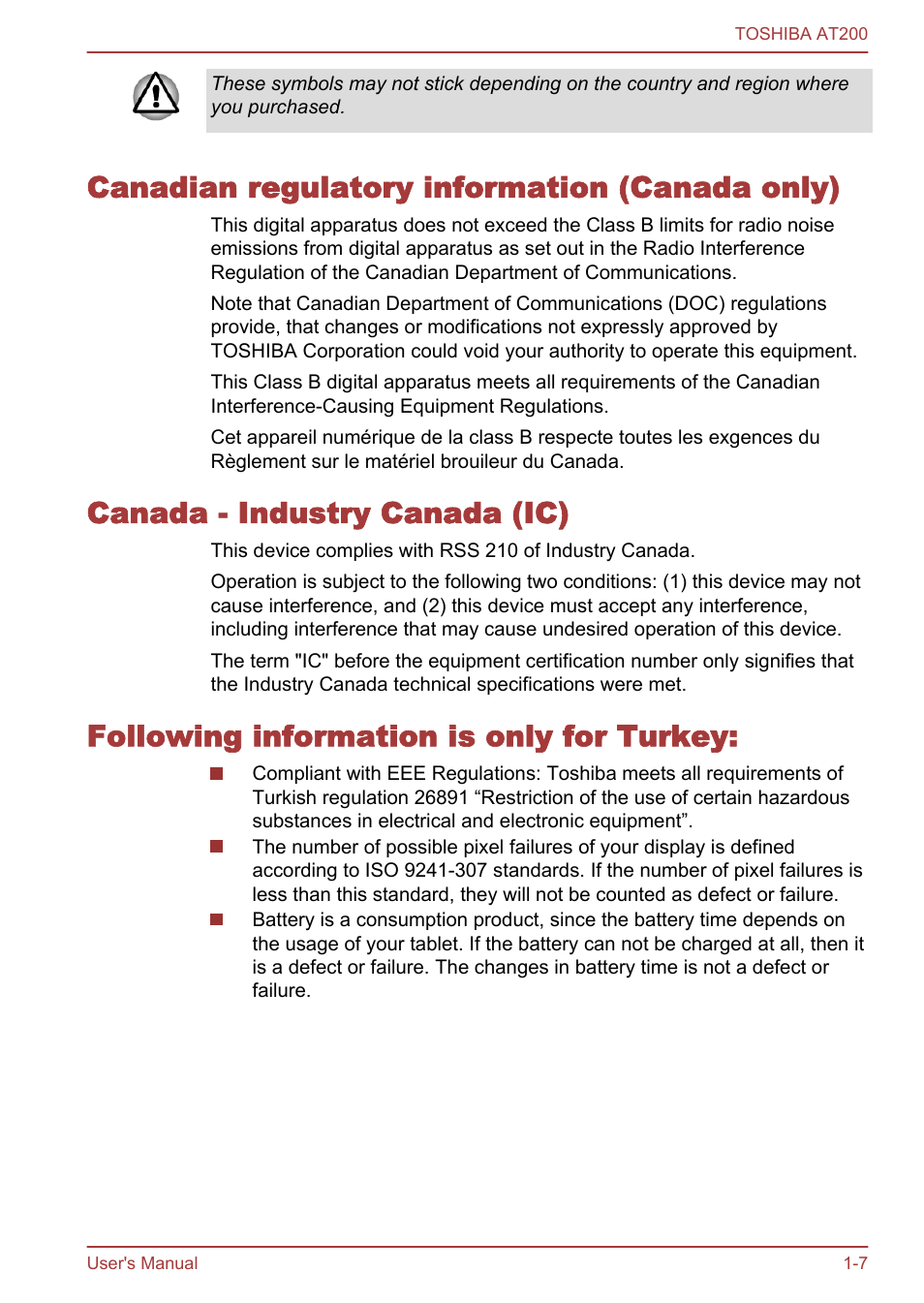 Canadian regulatory information (canada only), Canada - industry canada (ic), Following information is only for turkey | Toshiba AT200 User Manual | Page 11 / 88