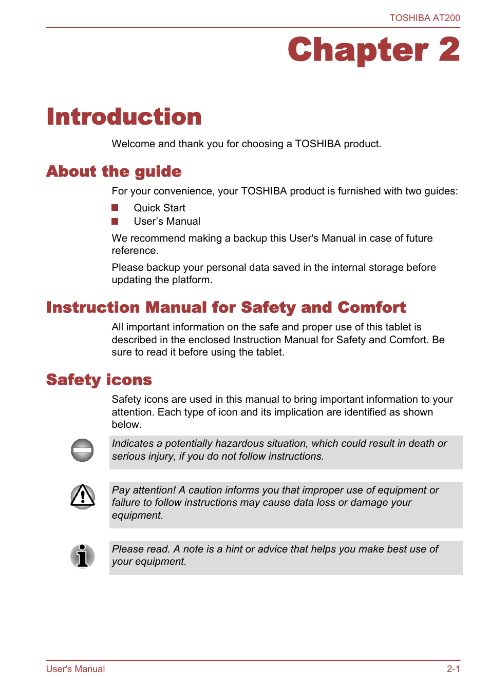 Chapter 2 introduction, About the guide, Instruction manual for safety and comfort | Safety icons, Chapter 2, Introduction | Toshiba AT200 User Manual | Page 12 / 88