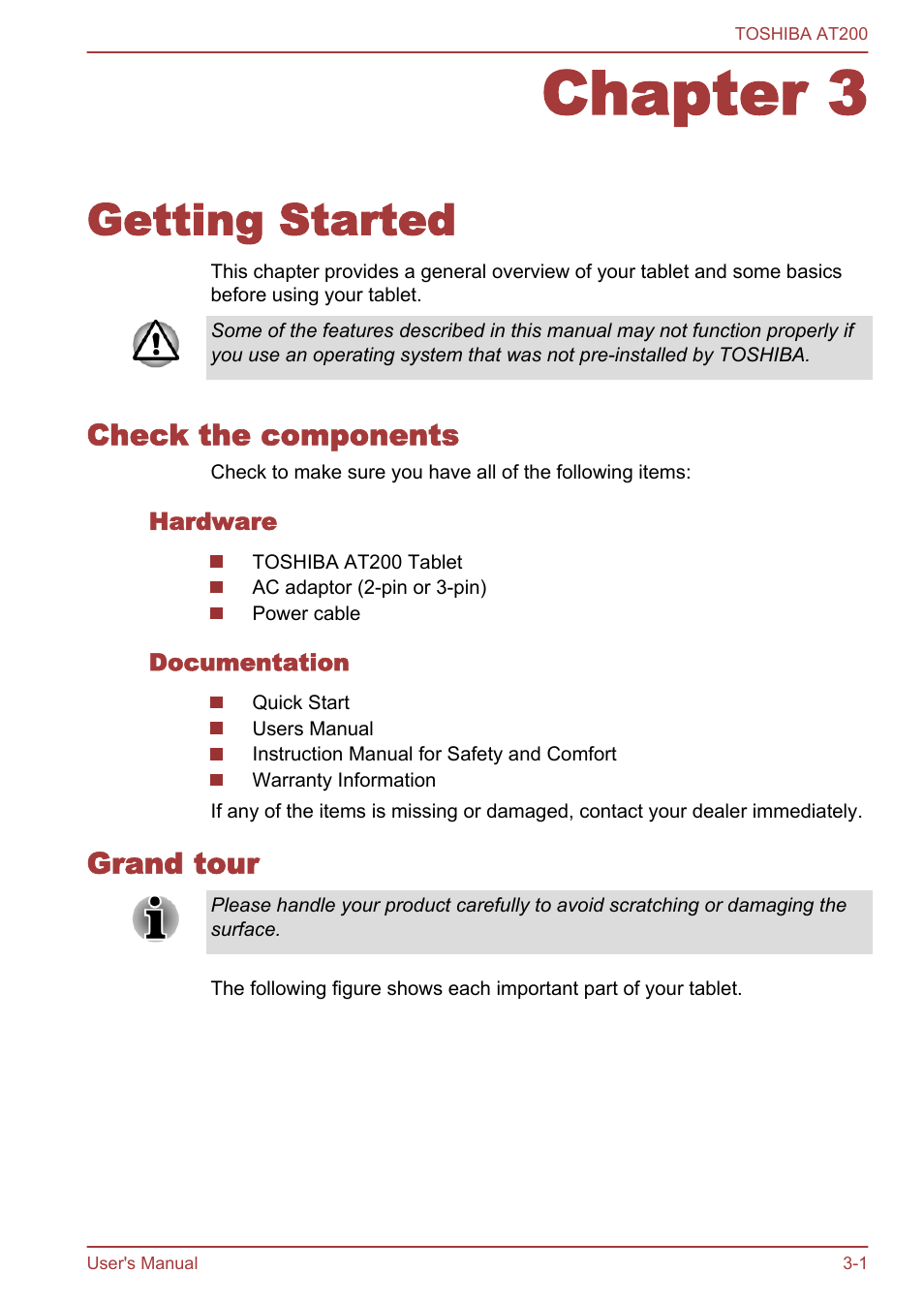 Chapter 3 getting started, Check the components, Hardware | Documentation, Grand tour, Chapter 3, Getting started, Check the components -1 grand tour -1 | Toshiba AT200 User Manual | Page 13 / 88