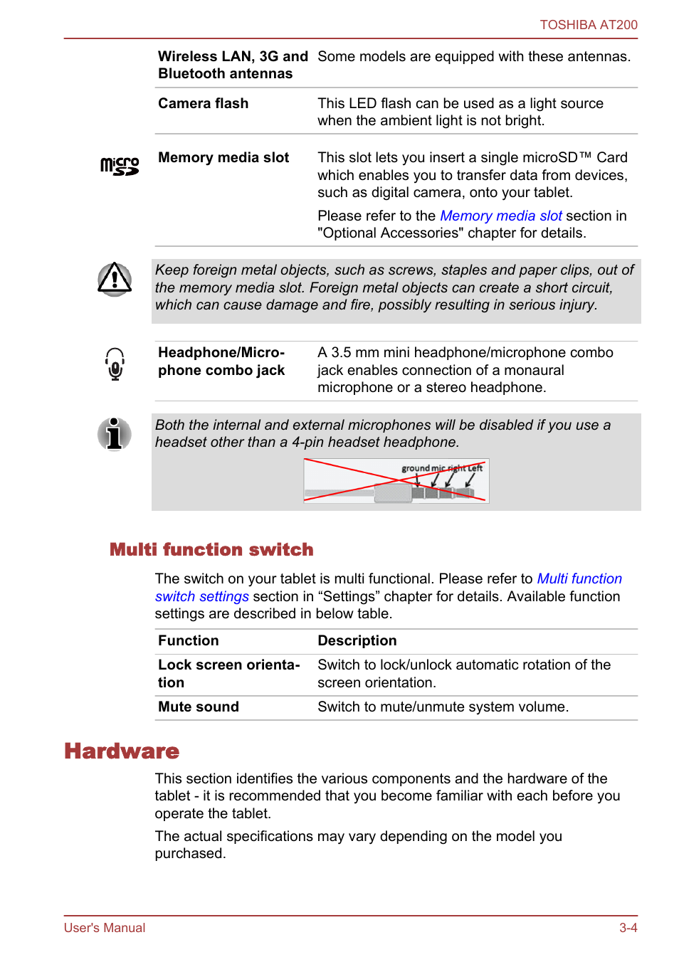 Multi function switch, Hardware, Hardware -4 | Toshiba AT200 User Manual | Page 16 / 88