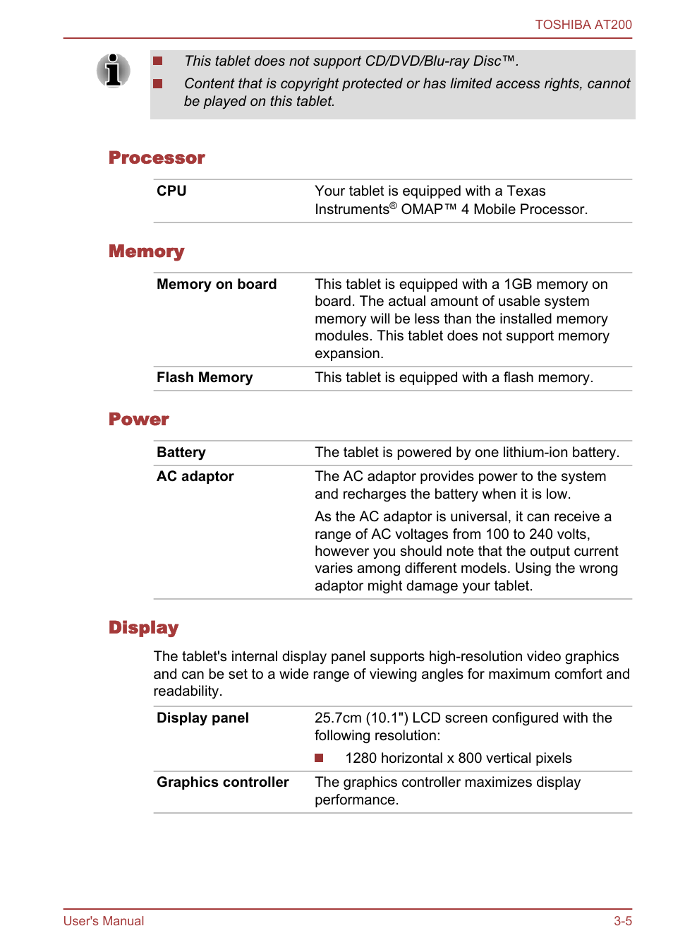 Processor, Memory, Power | Display | Toshiba AT200 User Manual | Page 17 / 88