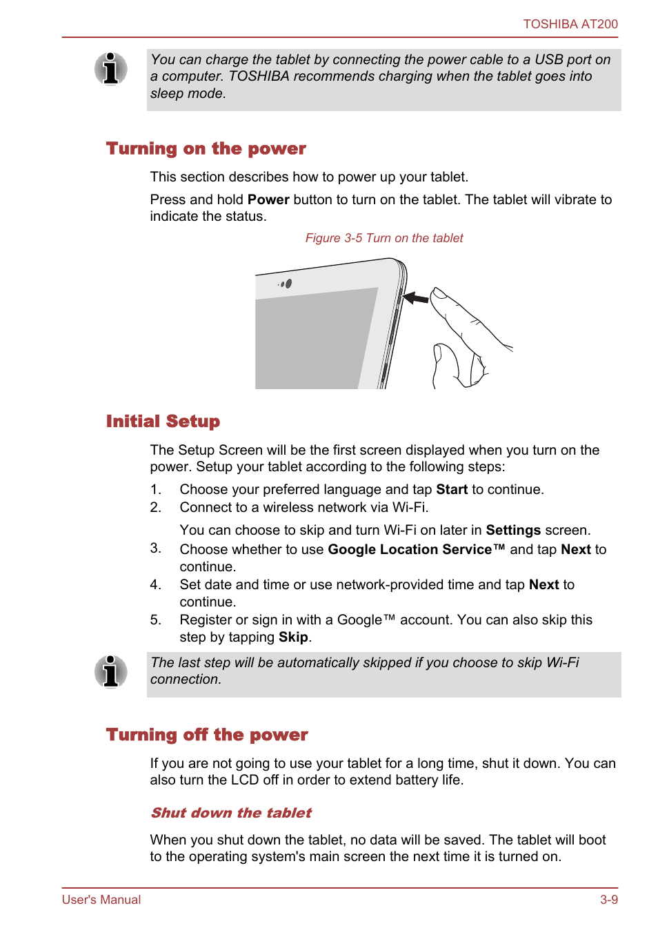 Turning on the power, Initial setup, Turning off the power | Toshiba AT200 User Manual | Page 21 / 88