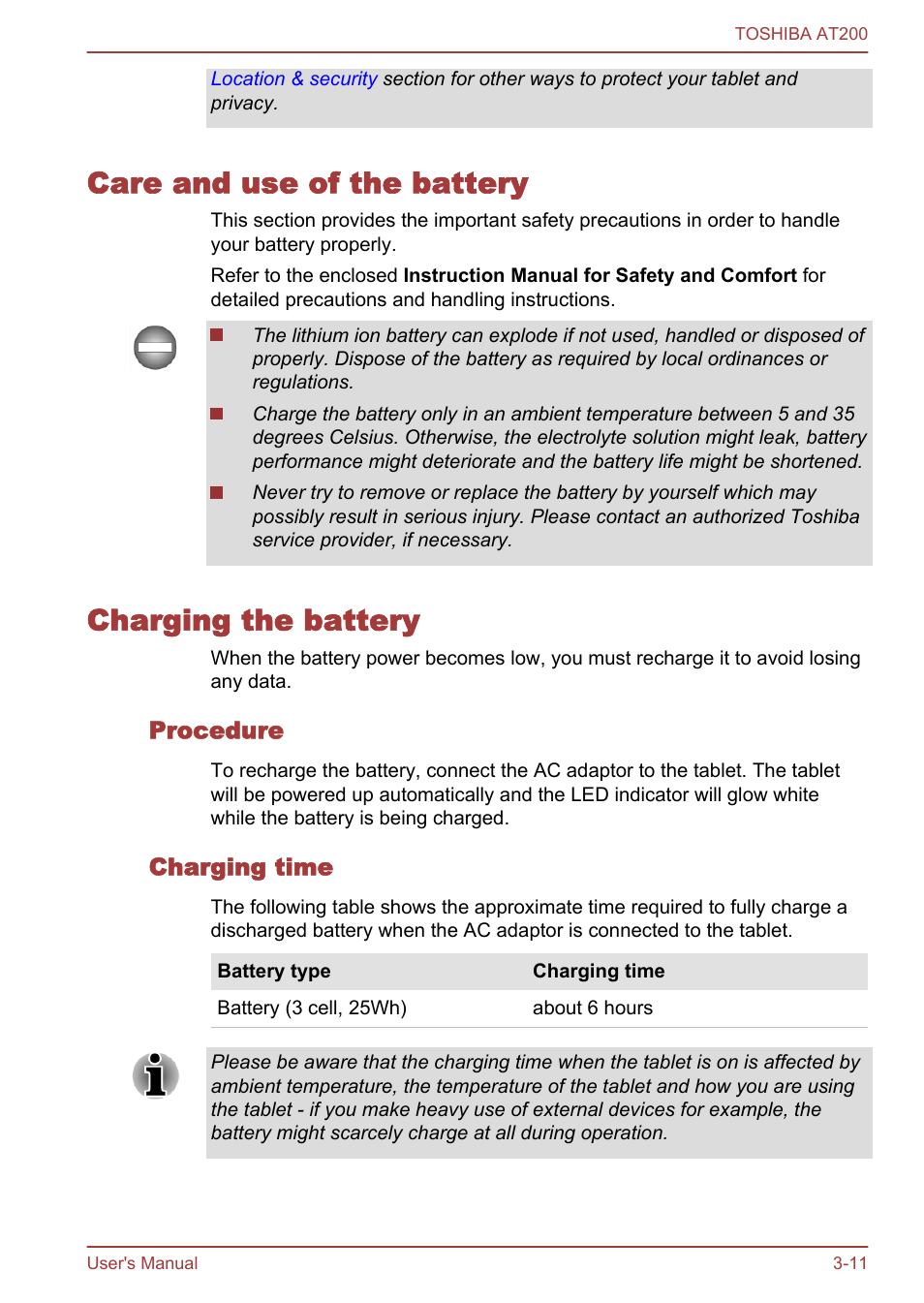 Care and use of the battery, Charging the battery, Procedure | Charging time | Toshiba AT200 User Manual | Page 23 / 88