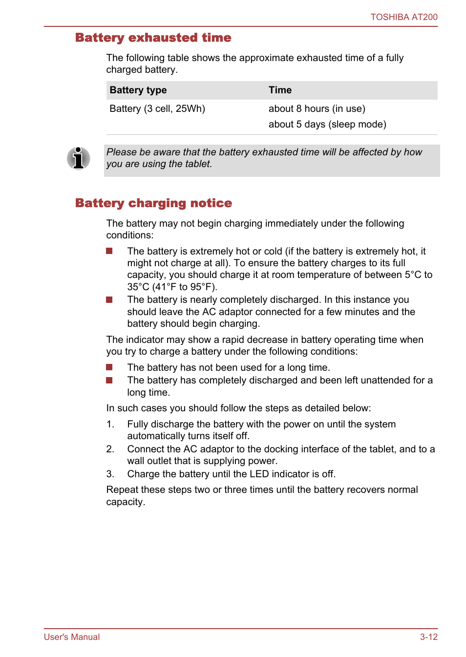 Battery exhausted time, Battery charging notice | Toshiba AT200 User Manual | Page 24 / 88