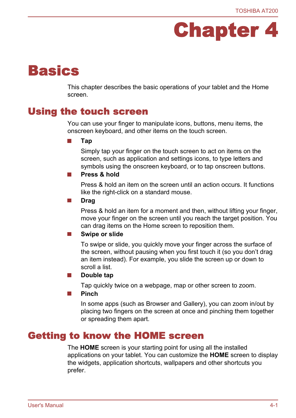 Chapter 4 basics, Using the touch screen, Getting to know the home screen | Chapter 4, Basics | Toshiba AT200 User Manual | Page 25 / 88