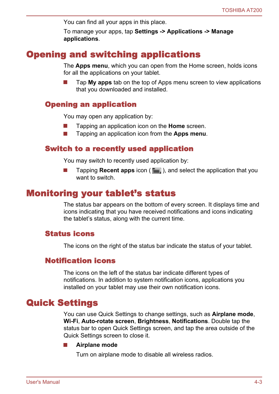 Opening and switching applications, Opening an application, Switch to a recently used application | Monitoring your tablet’s status, Status icons, Notification icons, Quick settings | Toshiba AT200 User Manual | Page 27 / 88