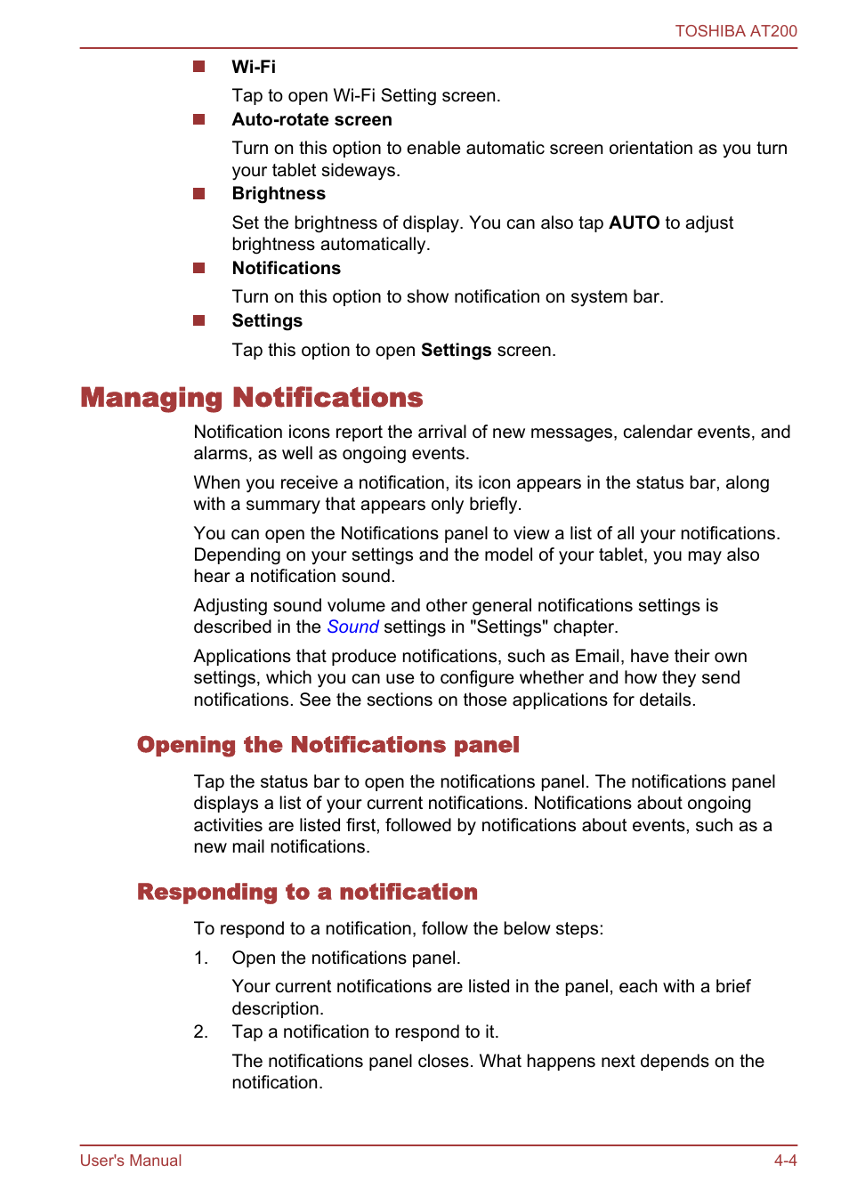 Managing notifications, Opening the notifications panel, Responding to a notification | Managing notifications -4 | Toshiba AT200 User Manual | Page 28 / 88