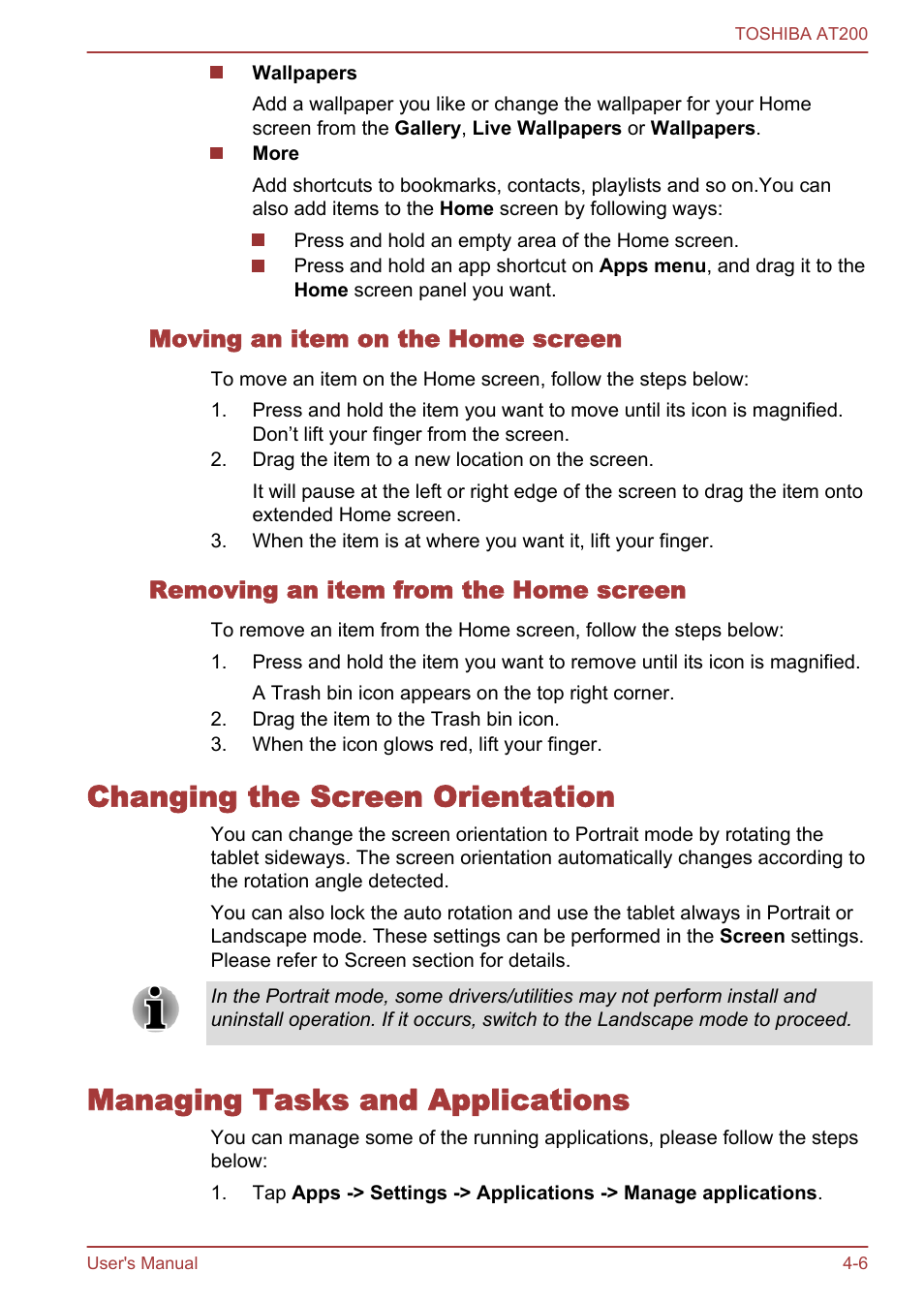 Moving an item on the home screen, Removing an item from the home screen, Changing the screen orientation | Managing tasks and applications | Toshiba AT200 User Manual | Page 30 / 88