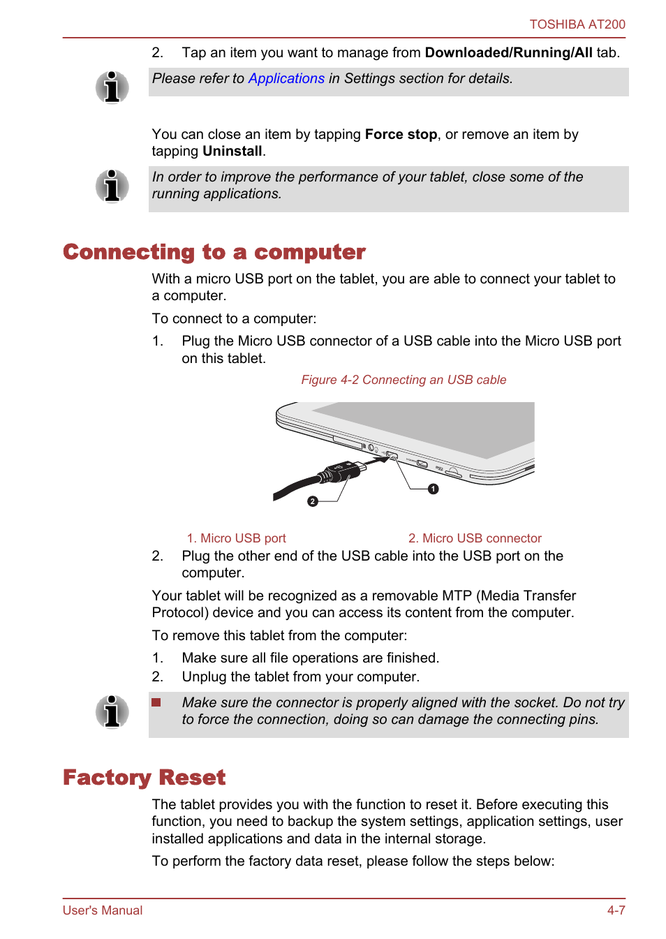 Connecting to a computer, Factory reset, Connecting to a computer -7 factory reset -7 | Toshiba AT200 User Manual | Page 31 / 88