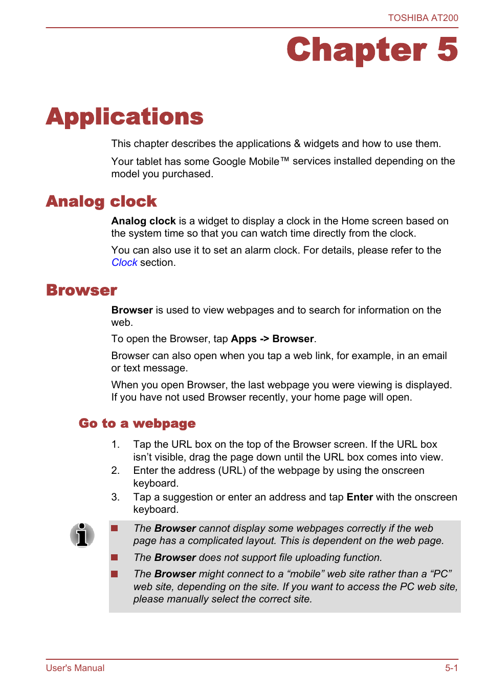 Chapter 5 applications, Analog clock, Browser | Chapter 5, Applications, Analog clock -1 browser -1 | Toshiba AT200 User Manual | Page 33 / 88