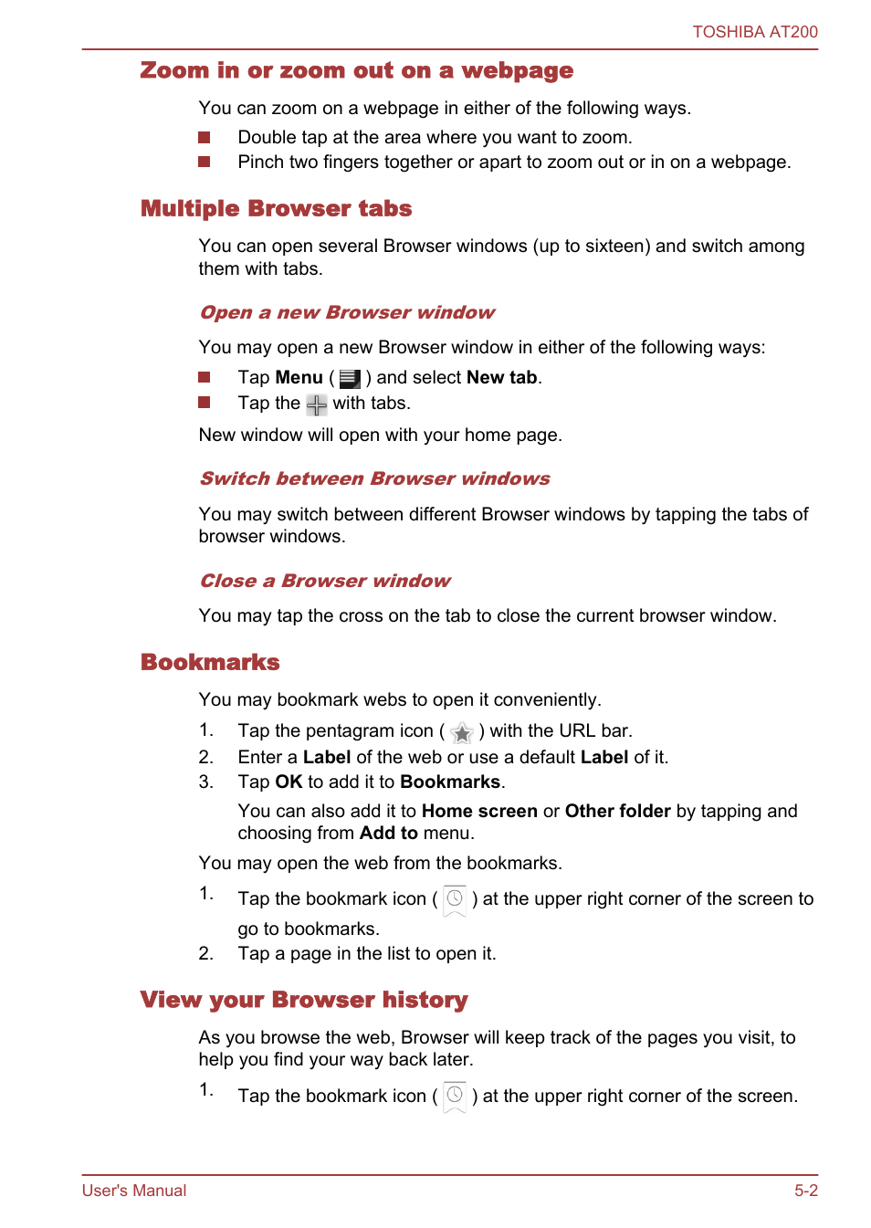 Multiple browser tabs, Bookmarks, View your browser history | Zoom in or zoom out on a webpage | Toshiba AT200 User Manual | Page 34 / 88