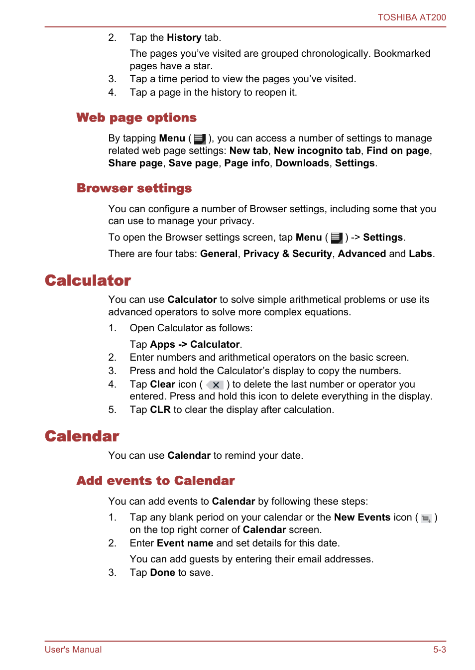 Browser settings, Calculator, Calendar | Add events to calendar, Calculator -3 calendar -3 | Toshiba AT200 User Manual | Page 35 / 88