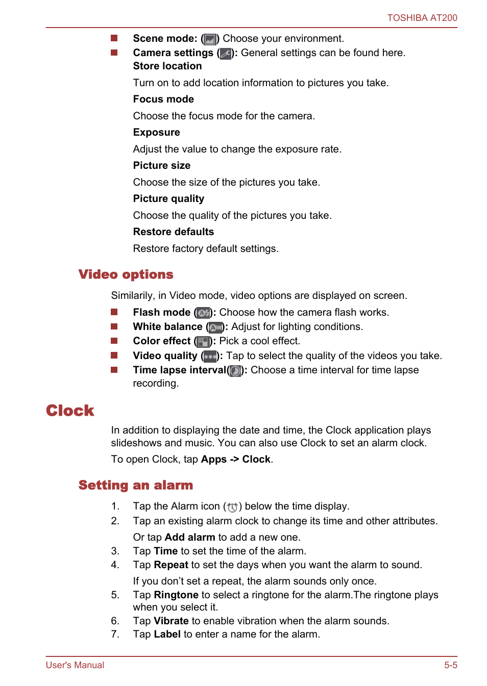 Video options, Clock, Setting an alarm | Clock -5 | Toshiba AT200 User Manual | Page 37 / 88