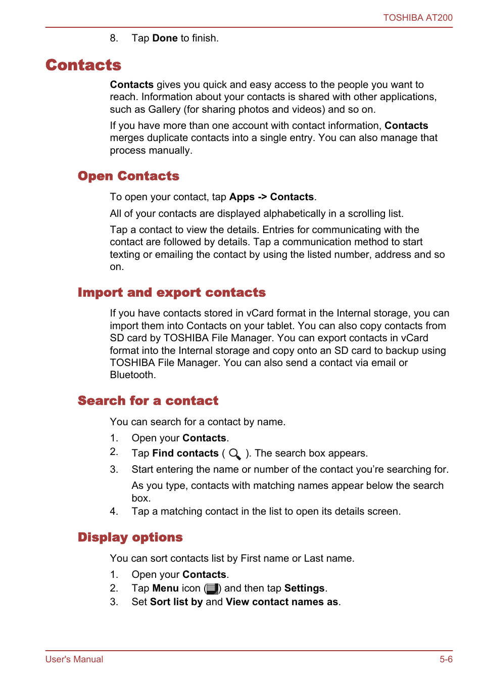 Contacts, Open contacts, Import and export contacts | Search for a contact, Display options, Contacts -6 | Toshiba AT200 User Manual | Page 38 / 88