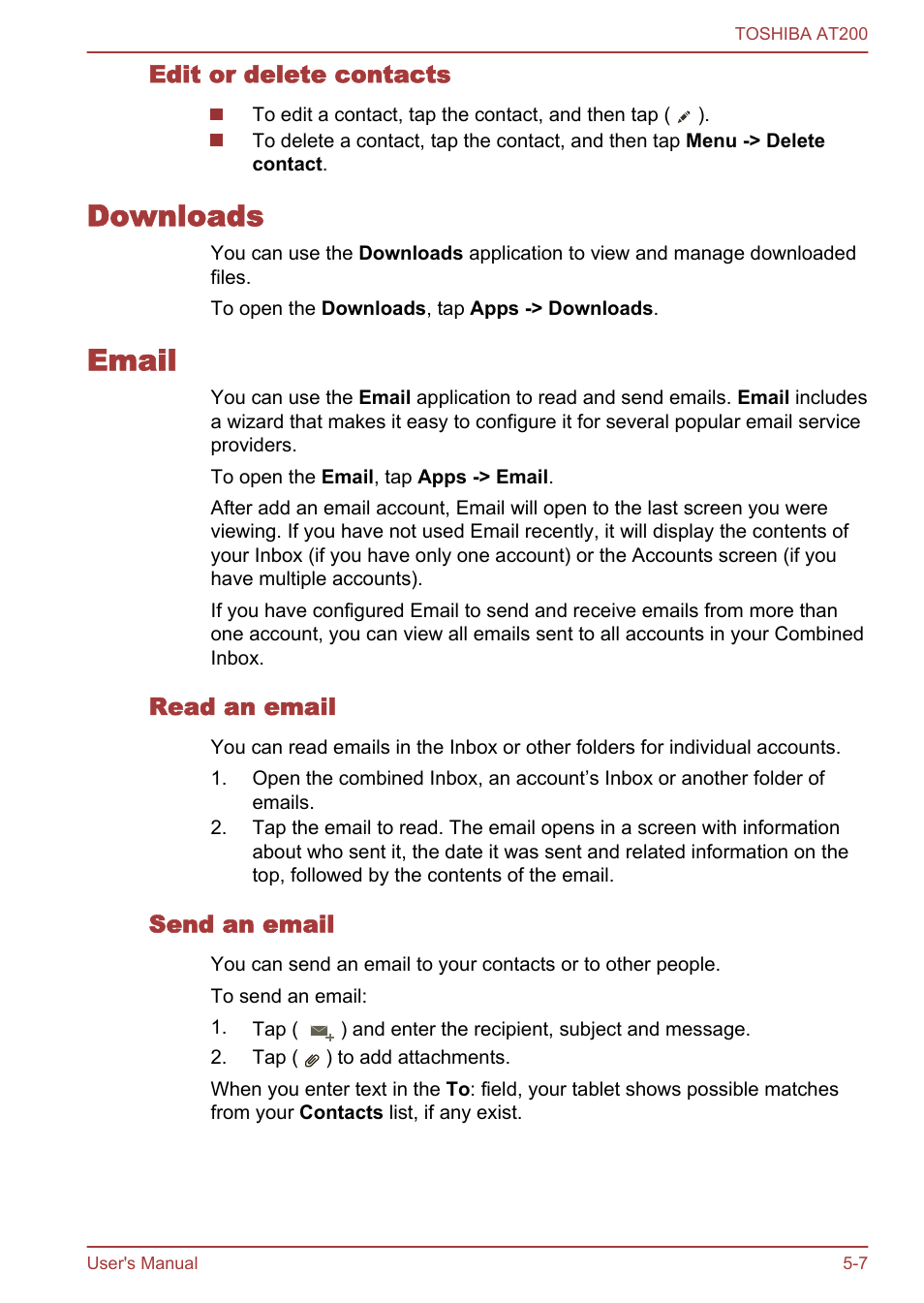 Edit or delete contacts, Downloads, Email | Read an email, Send an email, Downloads -7 email -7 | Toshiba AT200 User Manual | Page 39 / 88