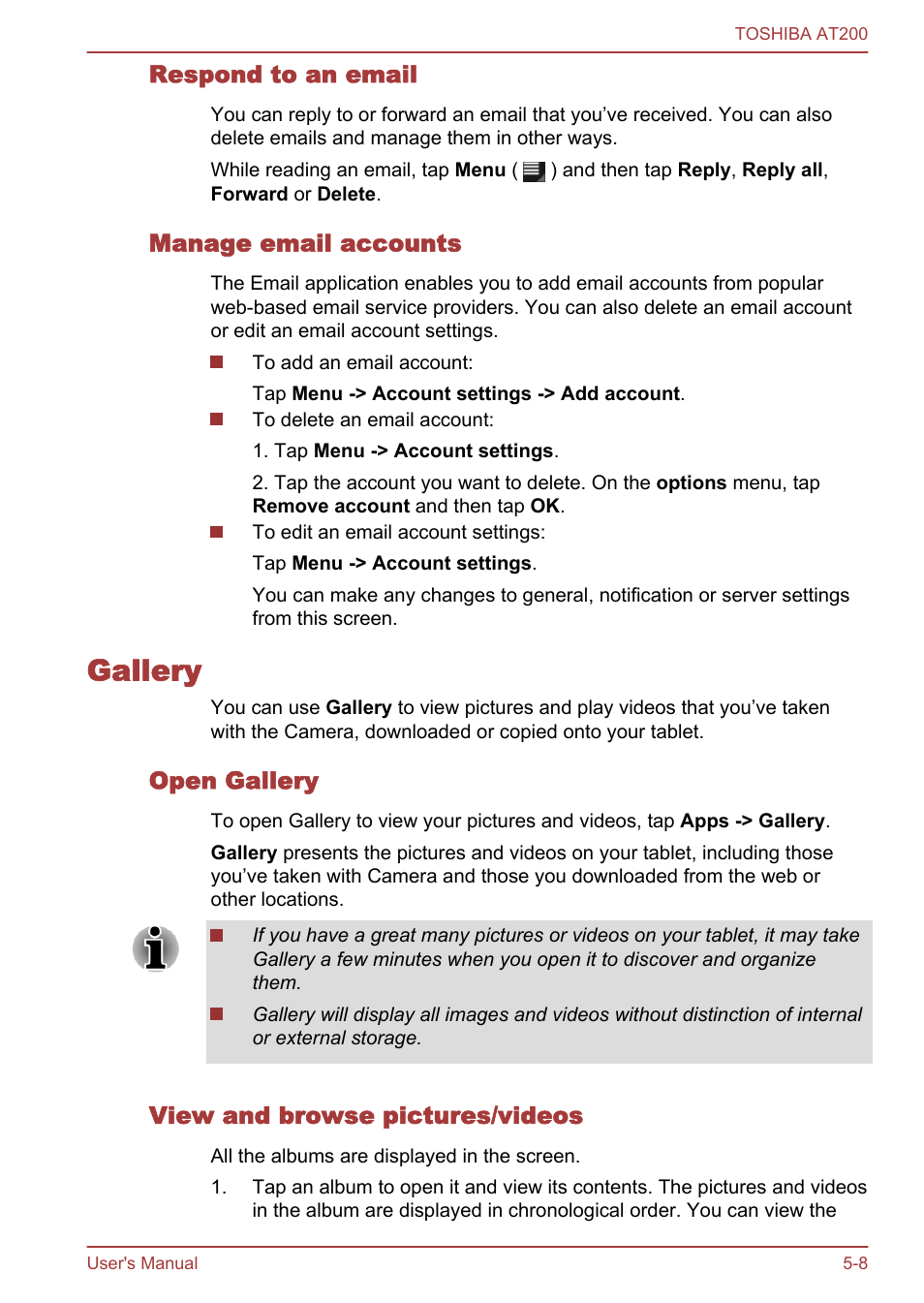 Respond to an email, Manage email accounts, Gallery | Open gallery, View and browse pictures/videos, Gallery -8 | Toshiba AT200 User Manual | Page 40 / 88