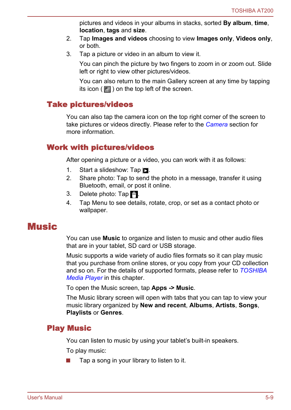 Take pictures/videos, Work with pictures/videos, Music | Play music, Music -9 | Toshiba AT200 User Manual | Page 41 / 88