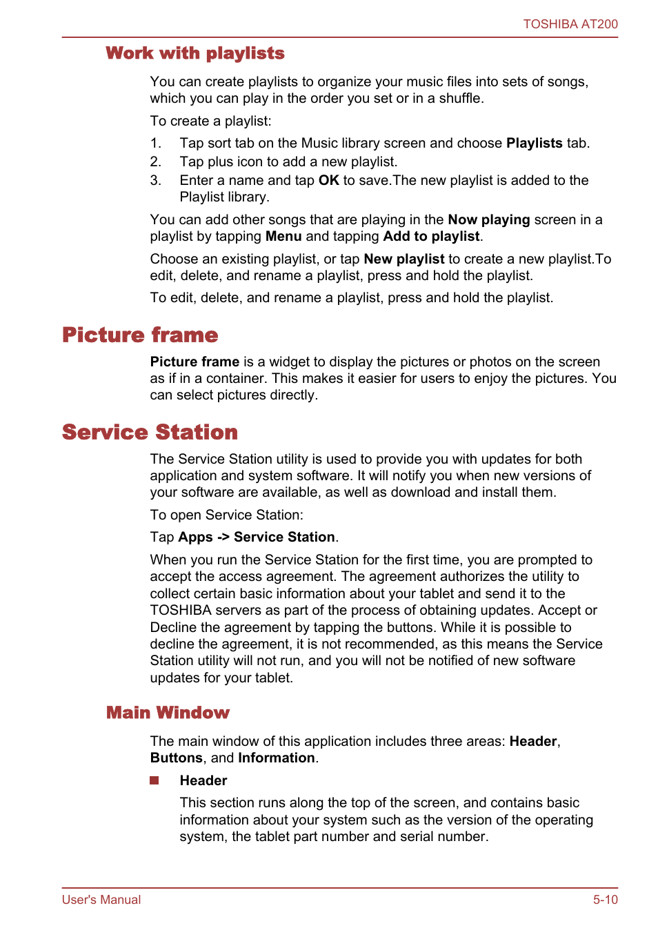 Work with playlists, Picture frame, Service station | Main window, Picture frame -10 service station -10 | Toshiba AT200 User Manual | Page 42 / 88