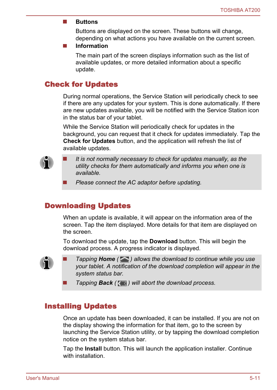 Check for updates, Downloading updates, Installing updates | Toshiba AT200 User Manual | Page 43 / 88