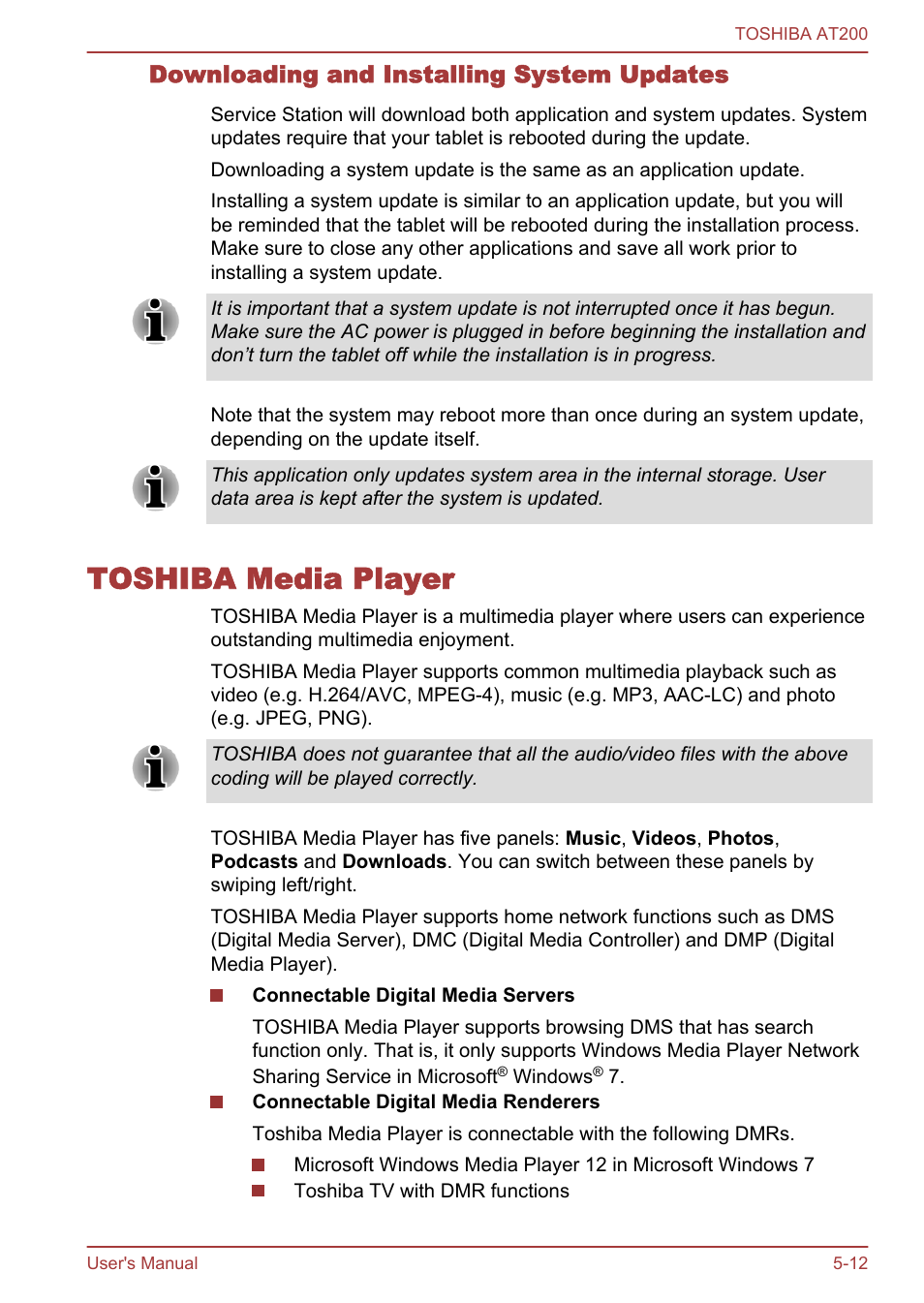 Downloading and installing system updates, Toshiba media player, Toshiba media player -12 | Toshiba, Media player, In this chapter | Toshiba AT200 User Manual | Page 44 / 88