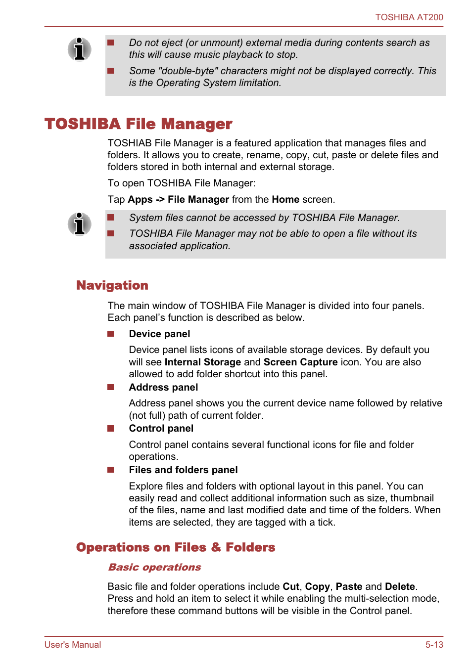 Toshiba file manager, Navigation, Operations on files & folders | Toshiba file manager -13 | Toshiba AT200 User Manual | Page 45 / 88