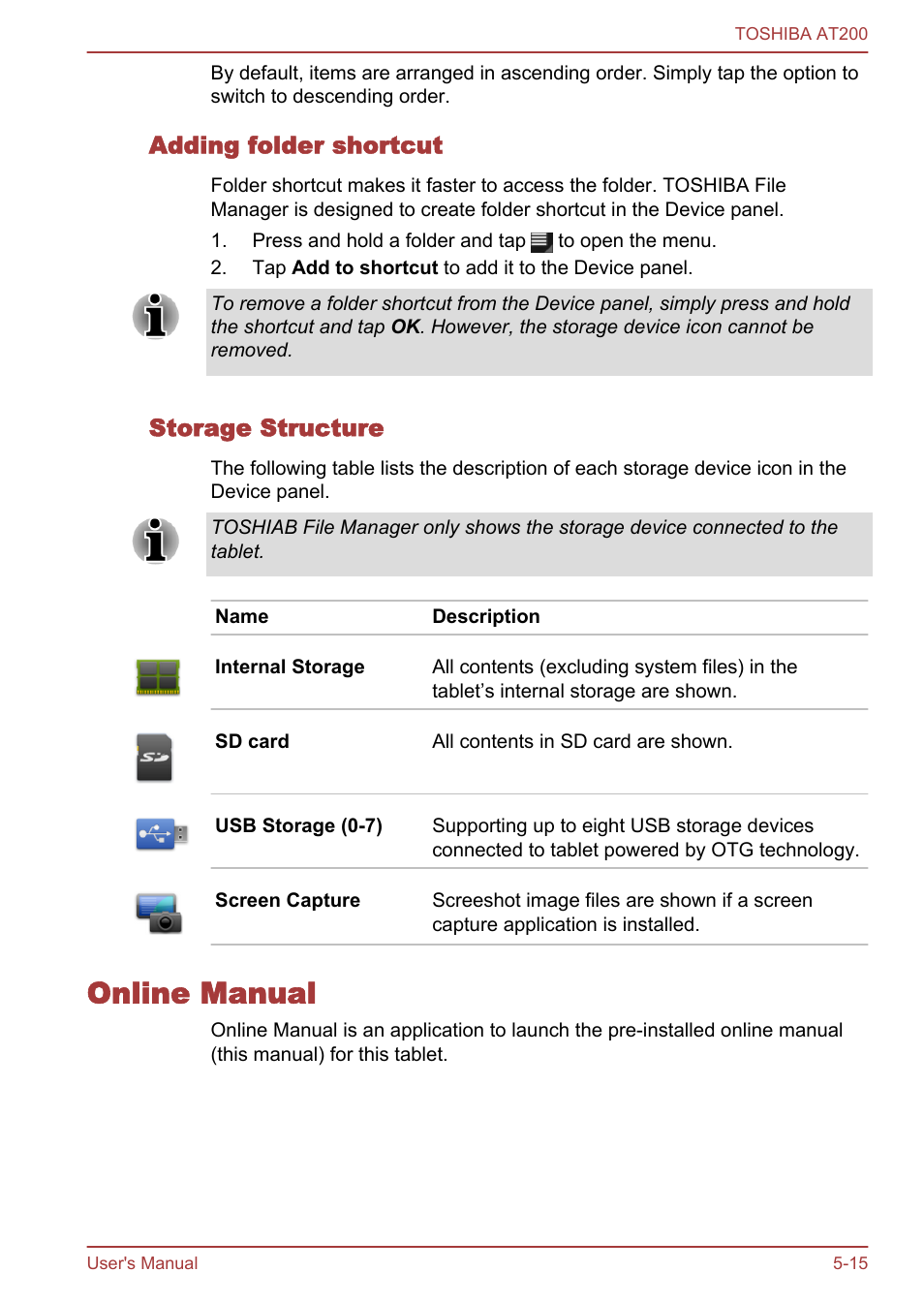 Adding folder shortcut, Storage structure, Online manual | Online manual -15 | Toshiba AT200 User Manual | Page 47 / 88