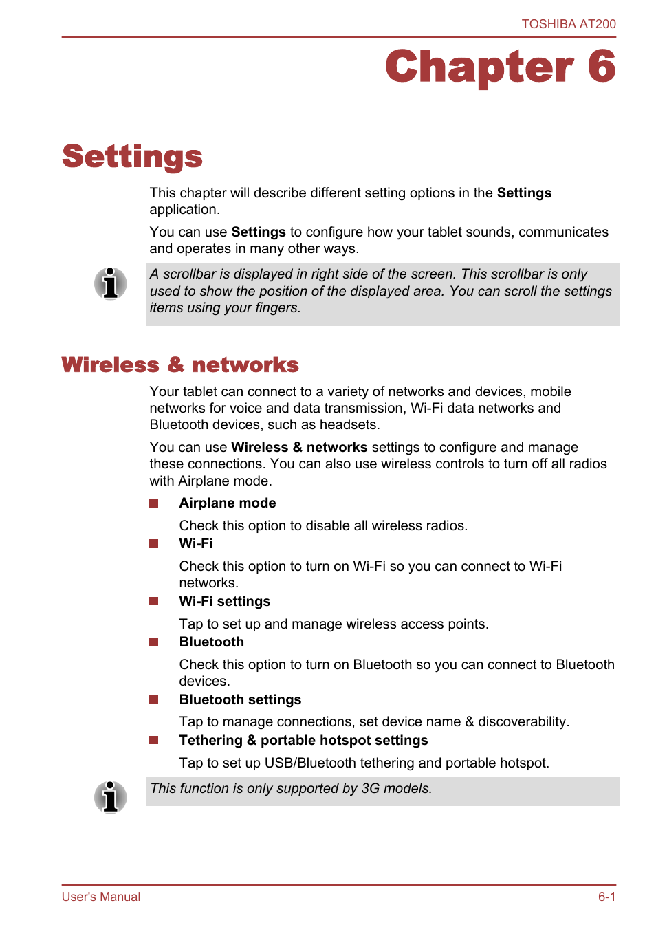 Chapter 6 settings, Wireless & networks, Chapter 6 | Settings, Wireless & networks -1 | Toshiba AT200 User Manual | Page 48 / 88