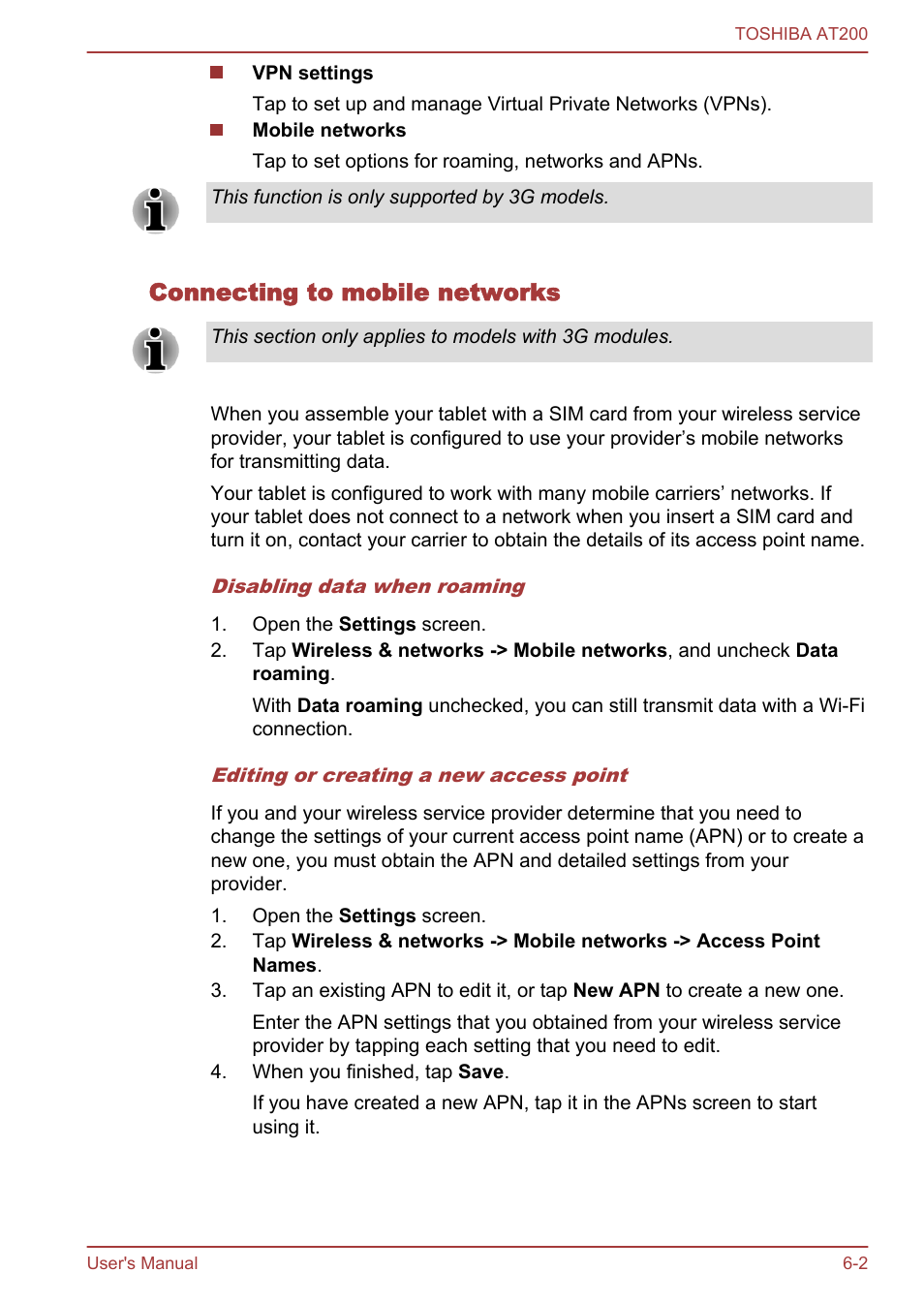 Connecting to mobile networks | Toshiba AT200 User Manual | Page 49 / 88