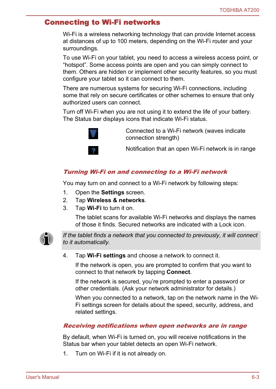 Connecting to wi-fi networks | Toshiba AT200 User Manual | Page 50 / 88