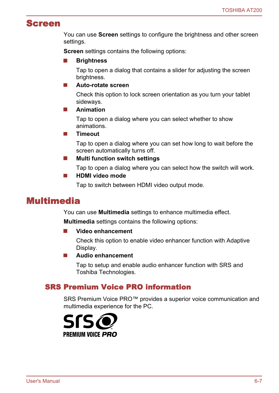 Screen, Multimedia, Srs premium voice pro information | Screen -7 multimedia -7, Multi function, Switch settings | Toshiba AT200 User Manual | Page 54 / 88