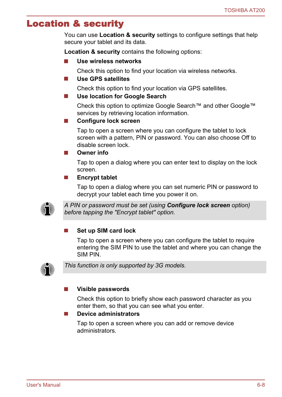 Location & security, Location & security -8 | Toshiba AT200 User Manual | Page 55 / 88