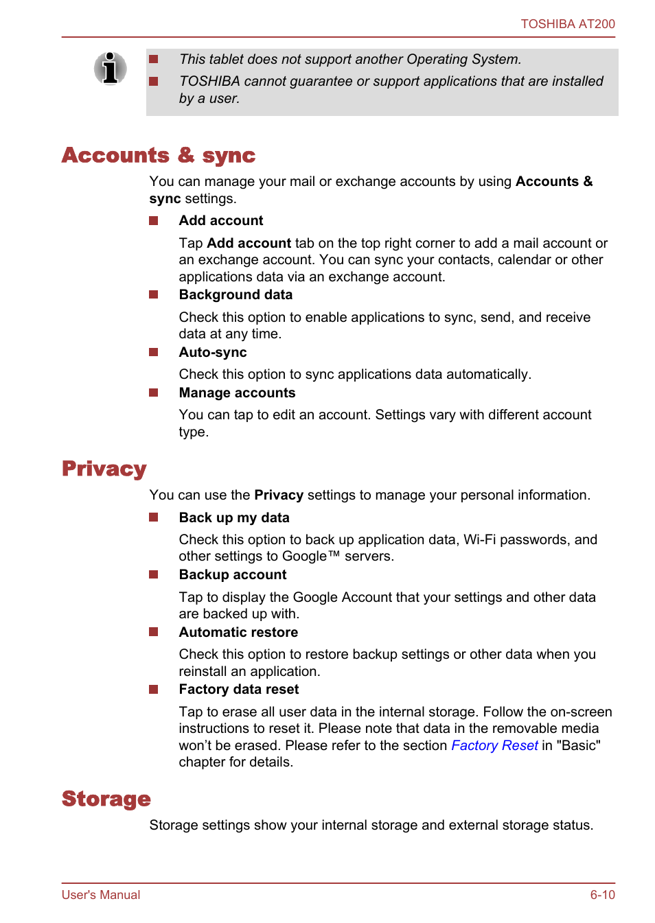 Accounts & sync, Privacy, Storage | Accounts & sync -10 privacy -10 storage -10 | Toshiba AT200 User Manual | Page 57 / 88
