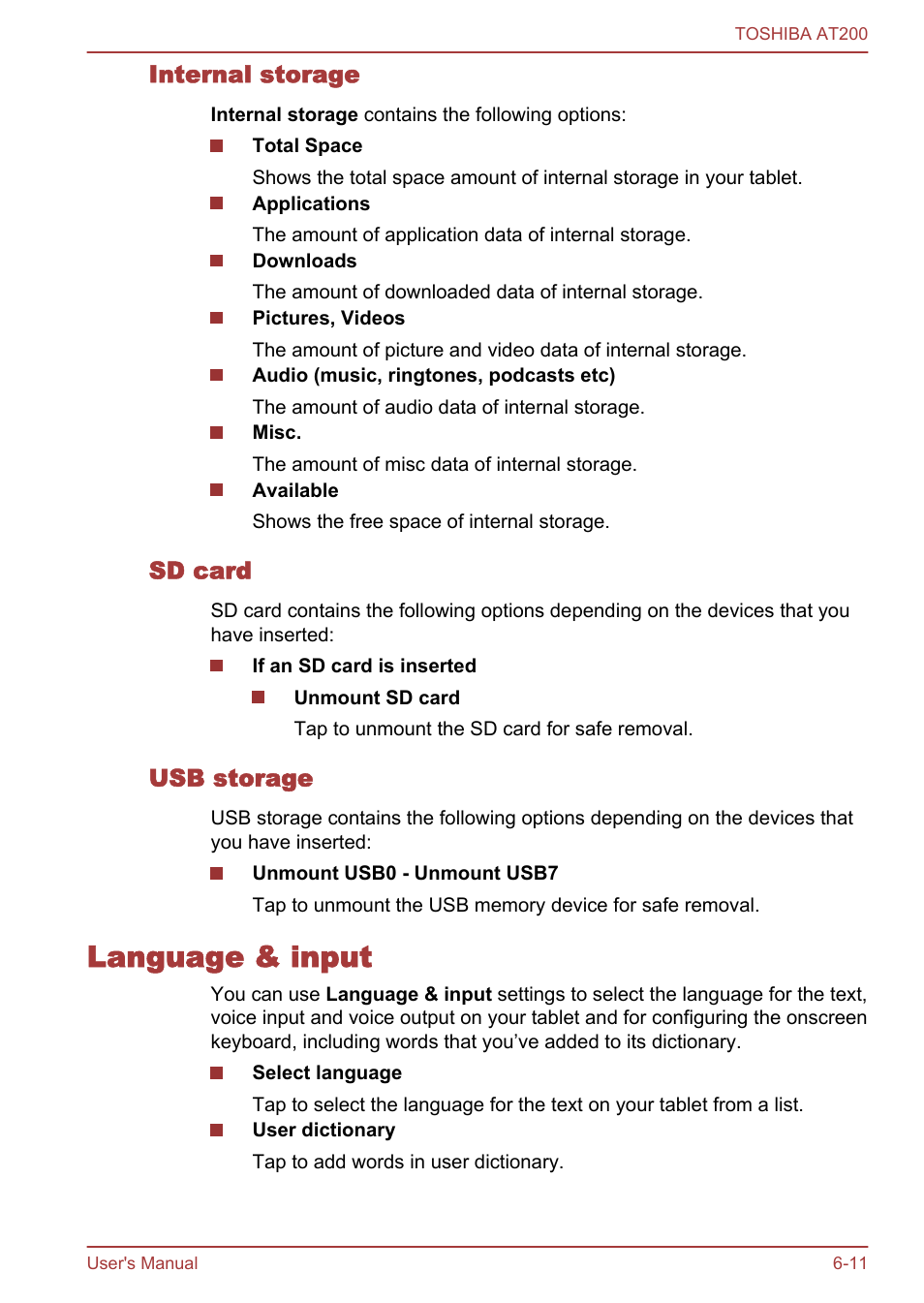 Internal storage, Sd card, Usb storage | Language & input, Language & input -11 | Toshiba AT200 User Manual | Page 58 / 88