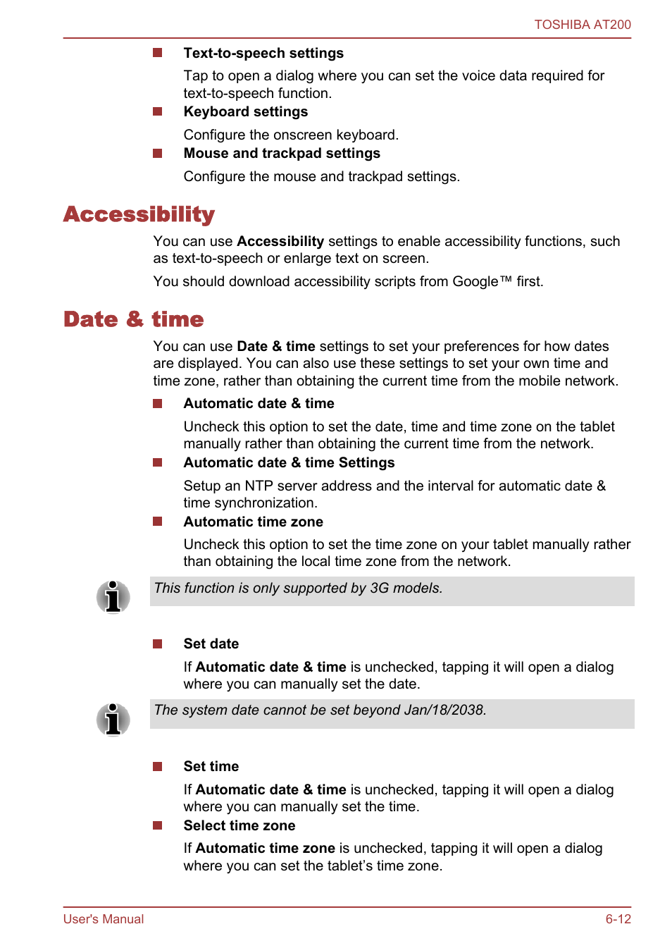 Accessibility, Date & time, Accessibility -12 date & time -12 | Toshiba AT200 User Manual | Page 59 / 88