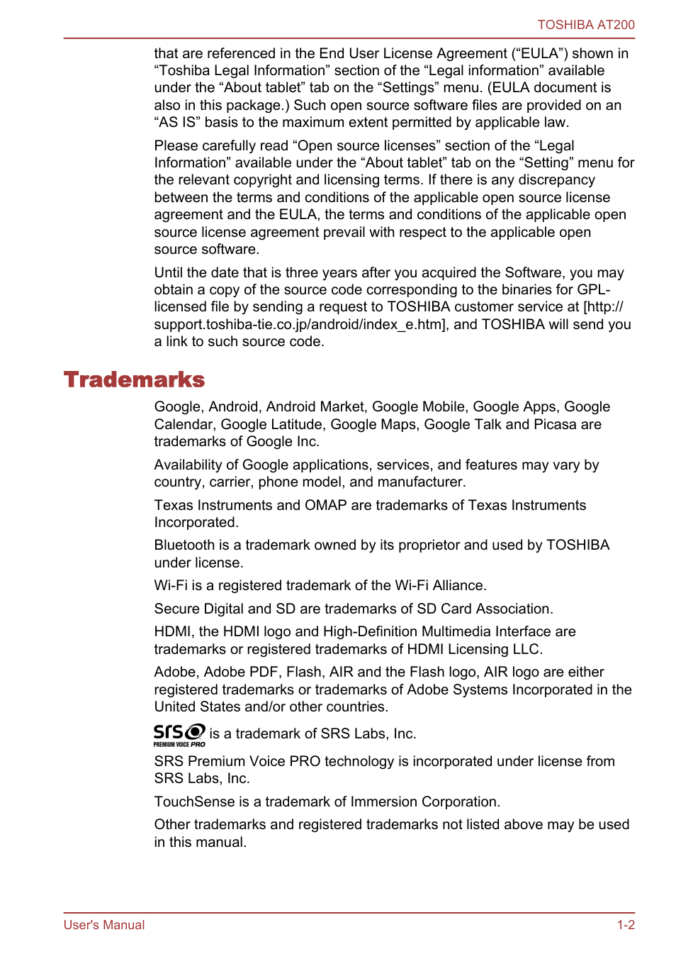 Trademarks, Trademarks -2 | Toshiba AT200 User Manual | Page 6 / 88