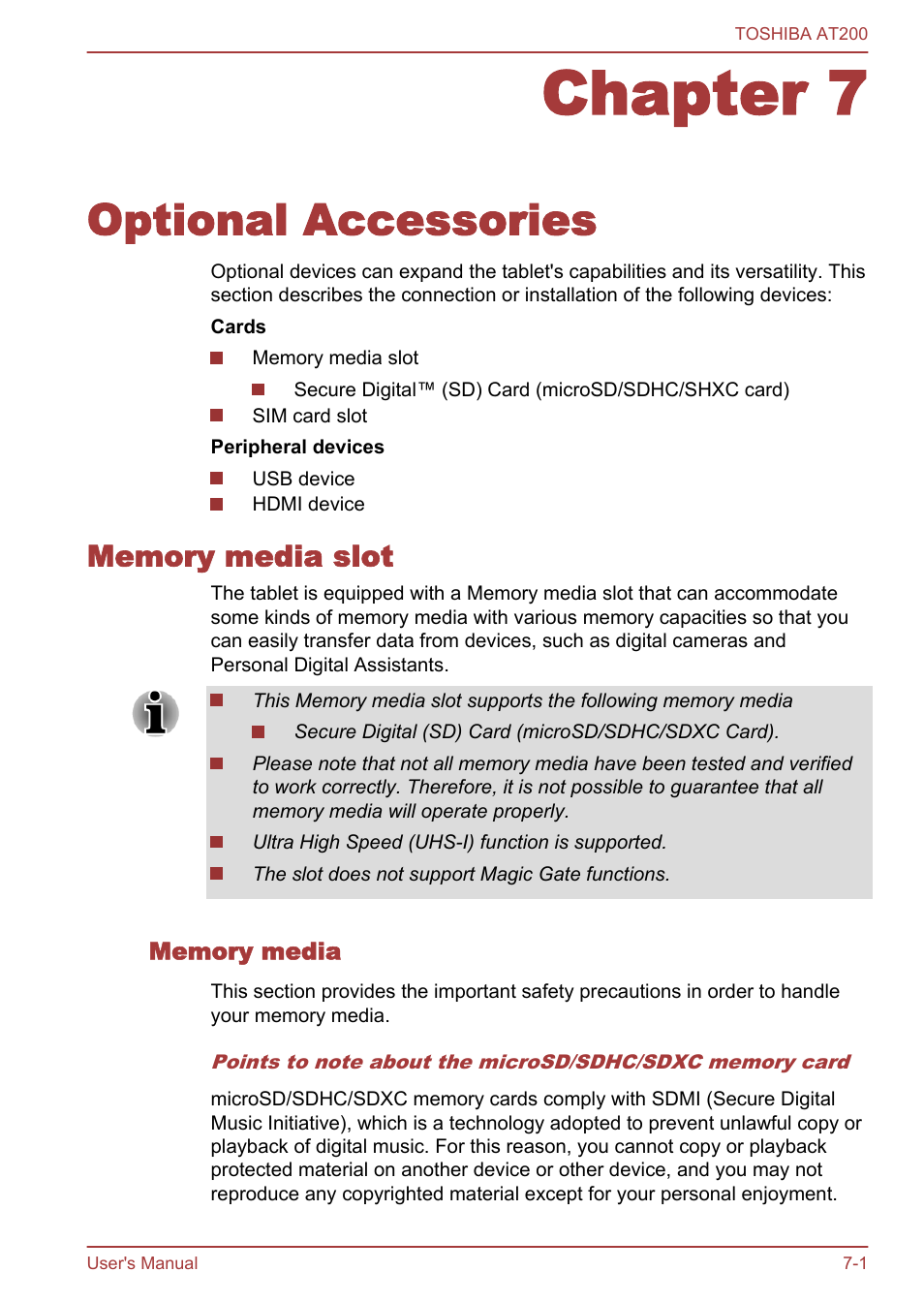 Chapter 7 optional accessories, Memory media slot, Memory media | Chapter 7, Optional accessories, Memory media slot -1 | Toshiba AT200 User Manual | Page 61 / 88