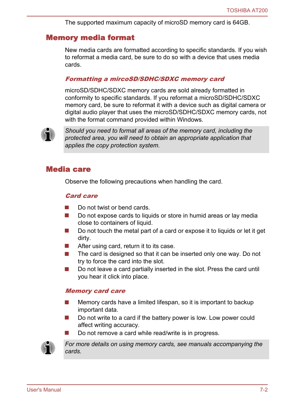 Memory media format, Media care | Toshiba AT200 User Manual | Page 62 / 88