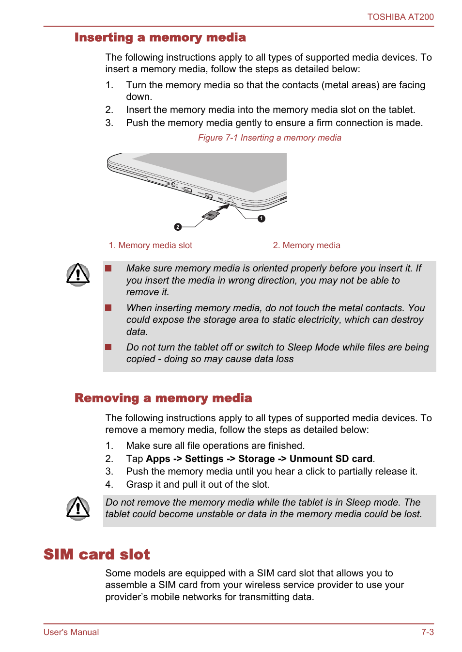 Inserting a memory media, Removing a memory media, Sim card slot | Sim card slot -3 | Toshiba AT200 User Manual | Page 63 / 88