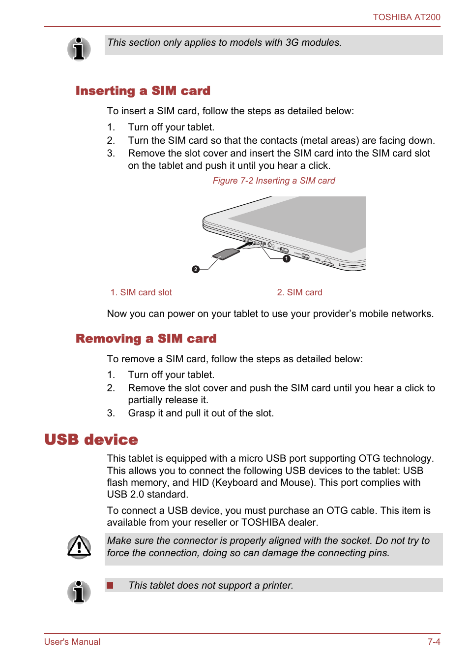 Inserting a sim card, Removing a sim card, Usb device | Usb device -4, Section in | Toshiba AT200 User Manual | Page 64 / 88