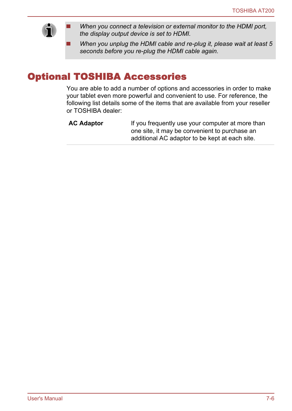 Optional toshiba accessories, Optional toshiba accessories -6 | Toshiba AT200 User Manual | Page 66 / 88