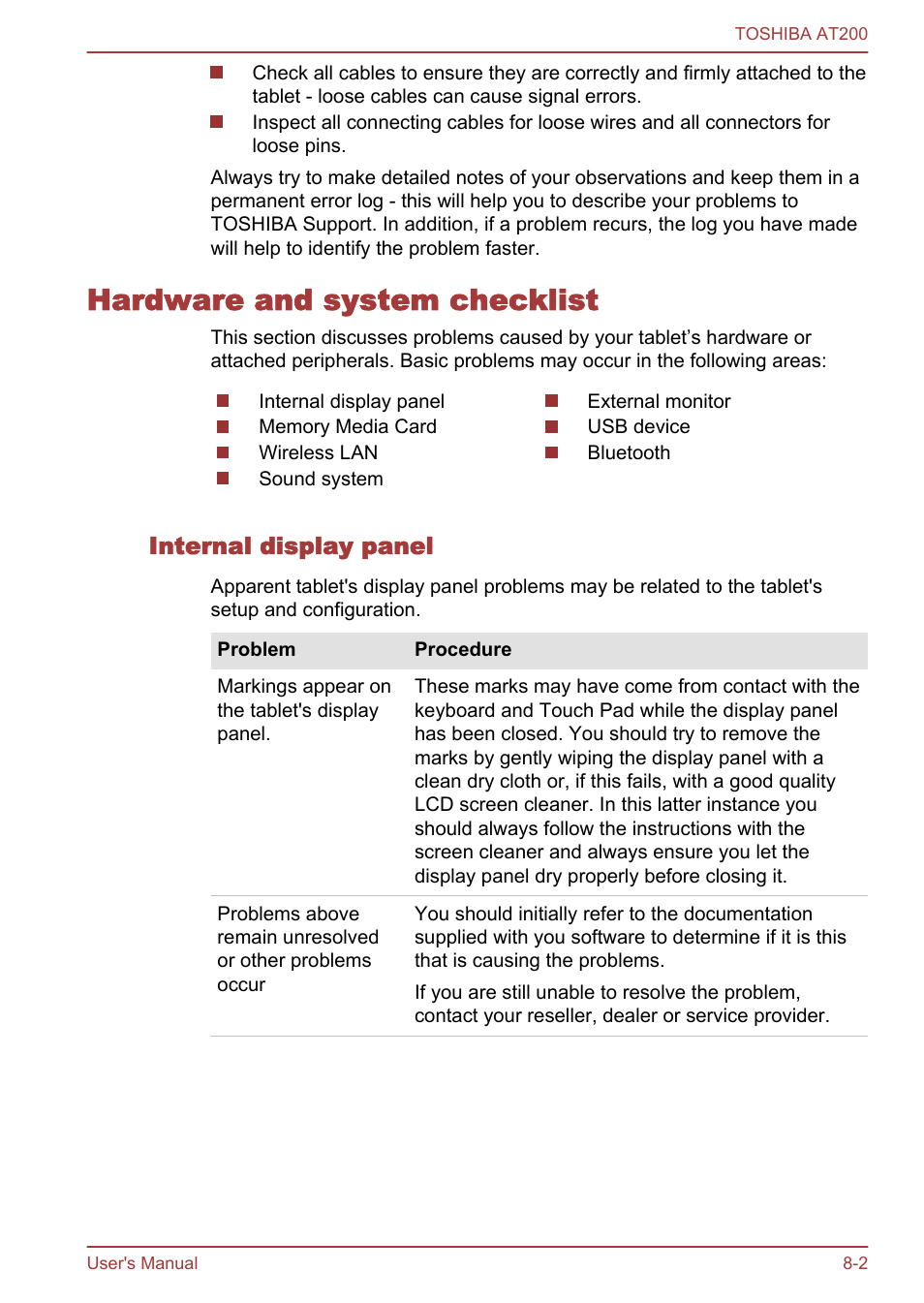 Hardware and system checklist, Internal display panel, Hardware and system checklist -2 | Toshiba AT200 User Manual | Page 68 / 88