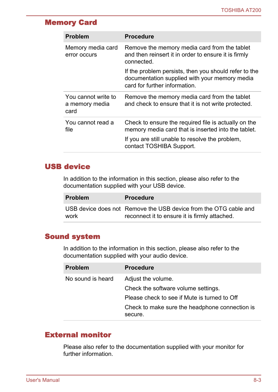 Memory card, Usb device, Sound system | External monitor | Toshiba AT200 User Manual | Page 69 / 88