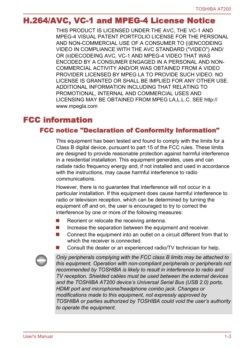 H.264/avc, vc-1 and mpeg-4 license notice, Fcc information, Fcc notice "declaration of conformity information | Toshiba AT200 User Manual | Page 7 / 88