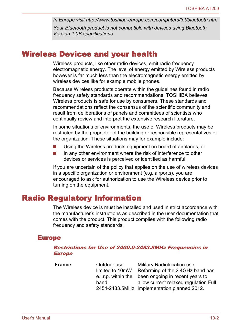 Wireless devices and your health, Radio regulatory information, Europe | Toshiba AT200 User Manual | Page 74 / 88