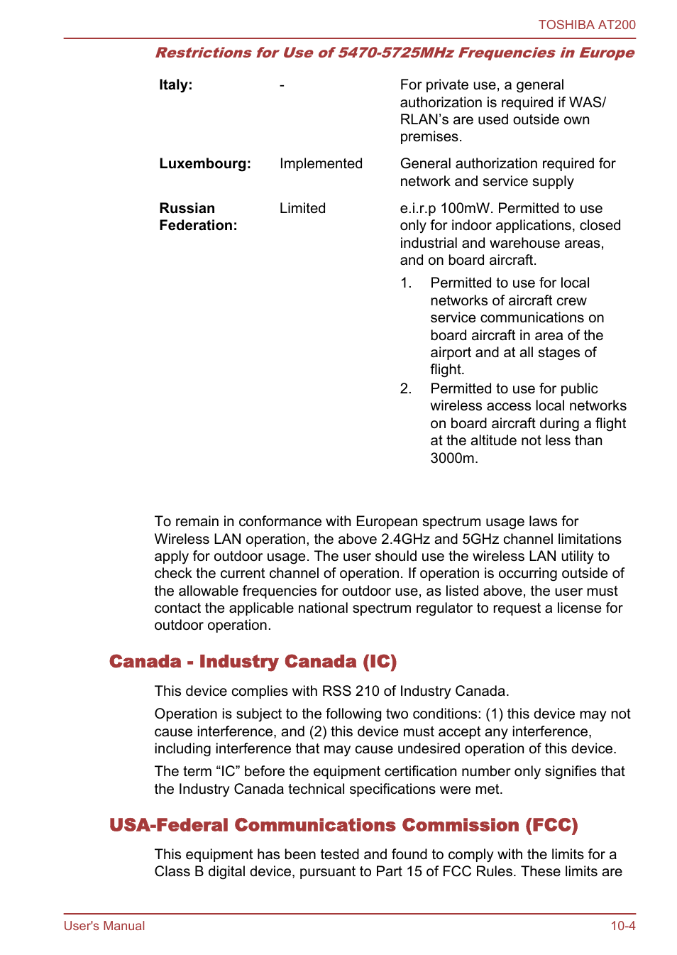 Canada - industry canada (ic), Usa-federal communications commission (fcc) | Toshiba AT200 User Manual | Page 76 / 88