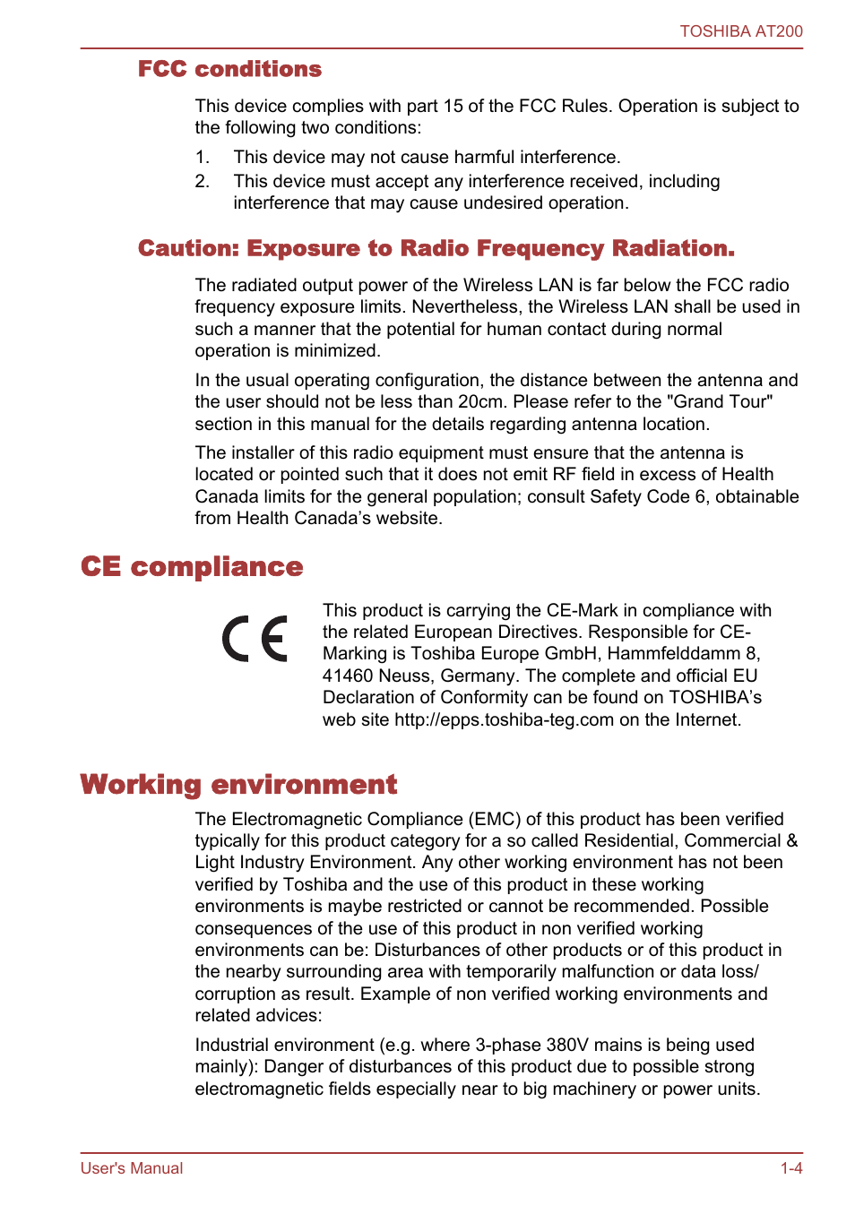 Fcc conditions, Caution: exposure to radio frequency radiation, Ce compliance | Working environment, Ce compliance -4 working environment -4 | Toshiba AT200 User Manual | Page 8 / 88