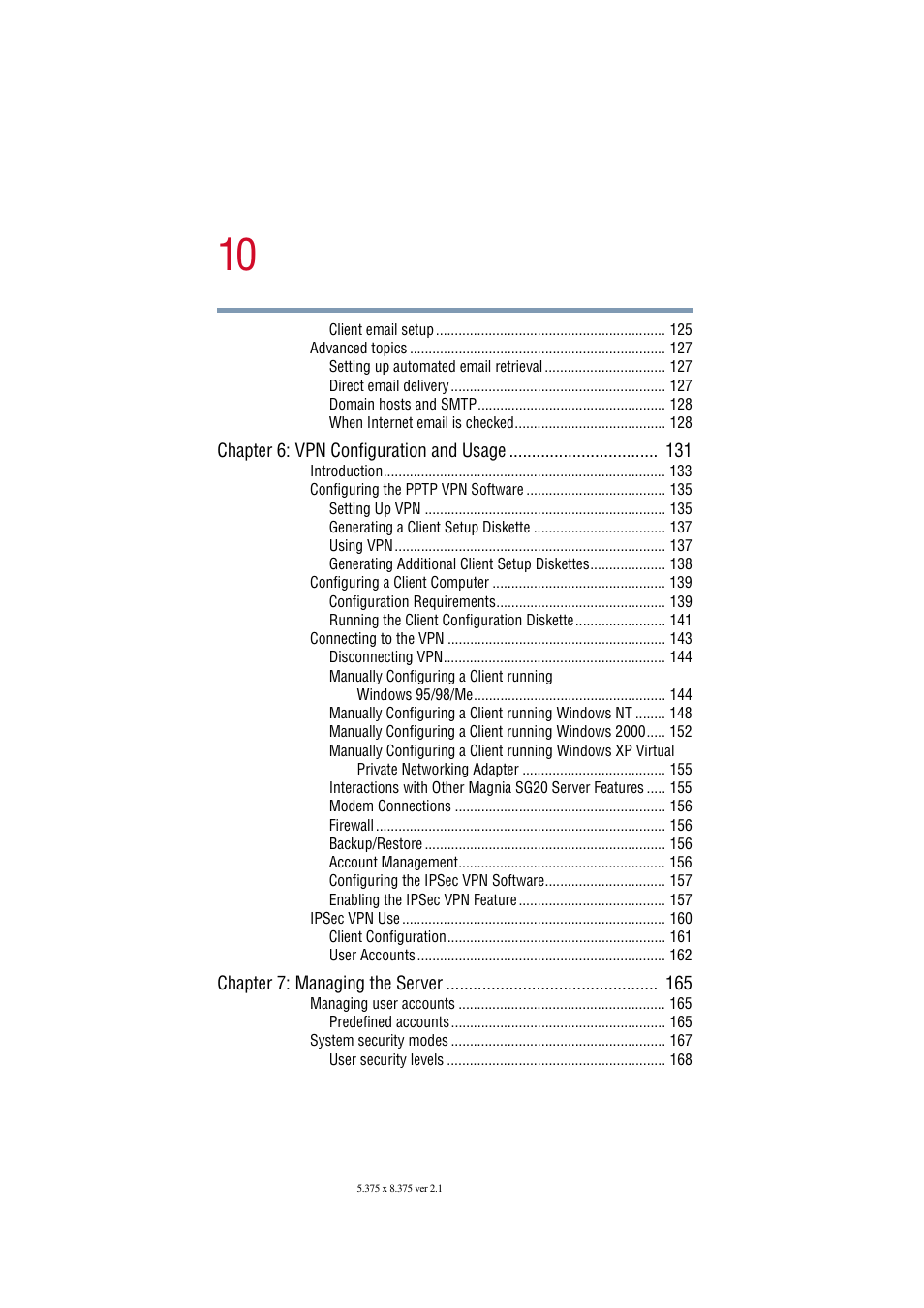 Chapter 6: vpn configuration and usage 131, Chapter 7: managing the server 165 | Toshiba Tekbright 700P User Manual | Page 10 / 305