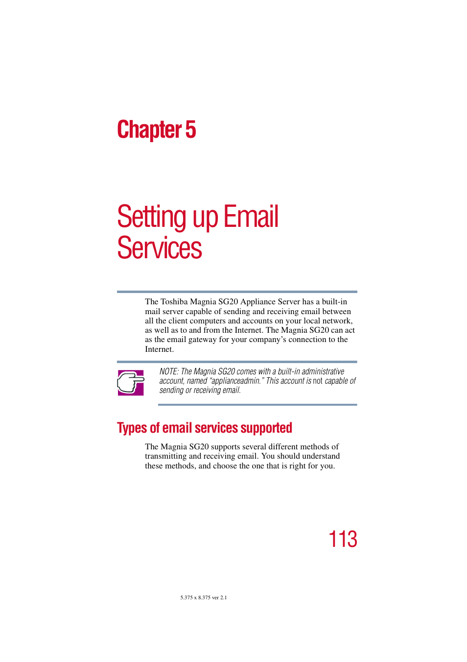 Setting up email services, Types of email services supported, Chapter 5: setting up email services | Chapter 5 | Toshiba Tekbright 700P User Manual | Page 111 / 305