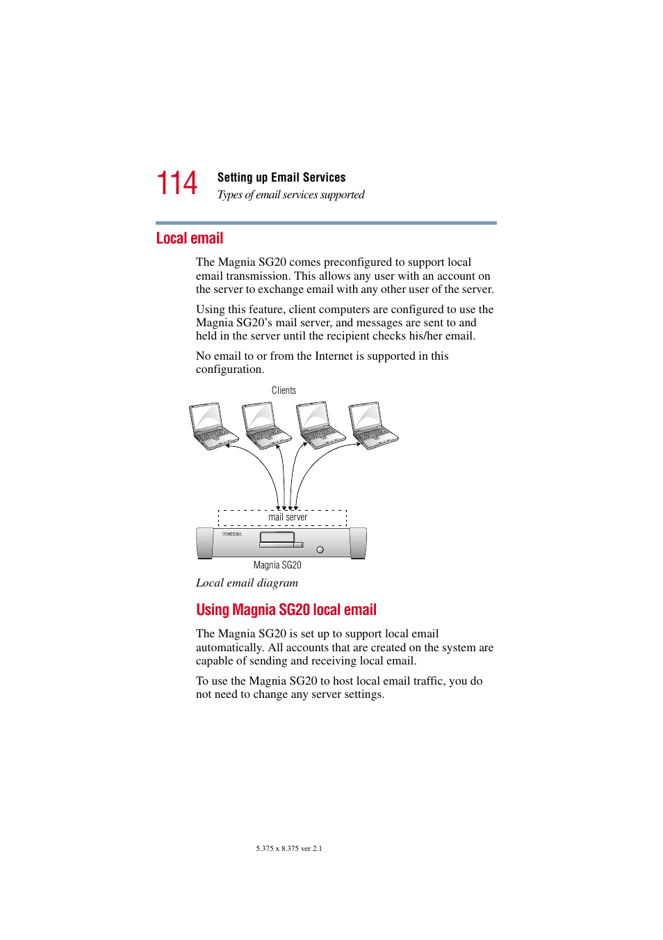 Local email, Using magnia sg20 local email | Toshiba Tekbright 700P User Manual | Page 112 / 305