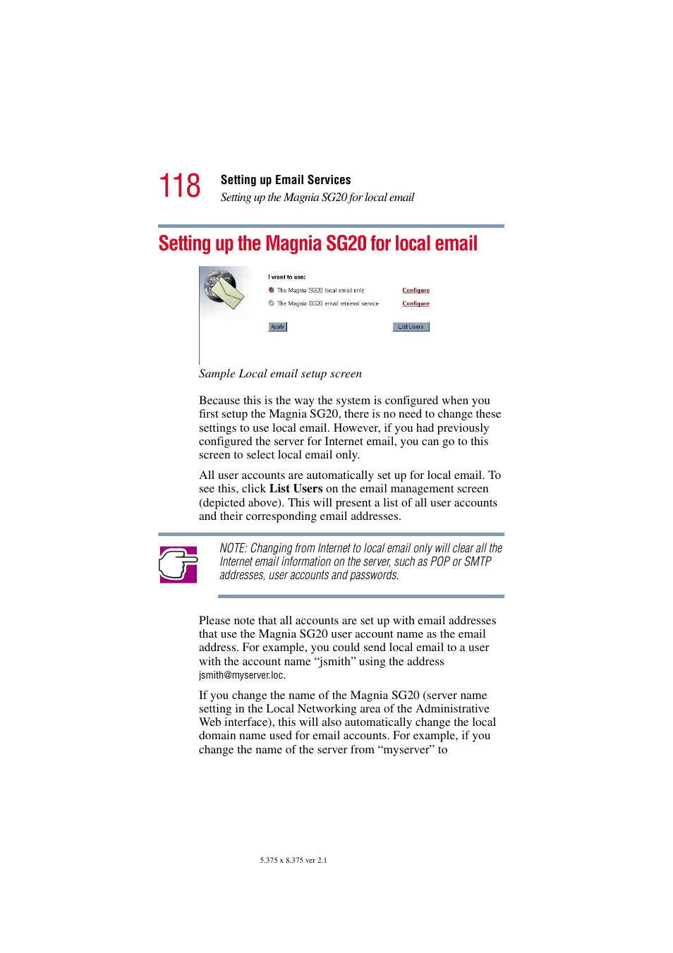 Setting up the magnia sg20 for local email, Setting up the magnia sg20 for | Toshiba Tekbright 700P User Manual | Page 116 / 305